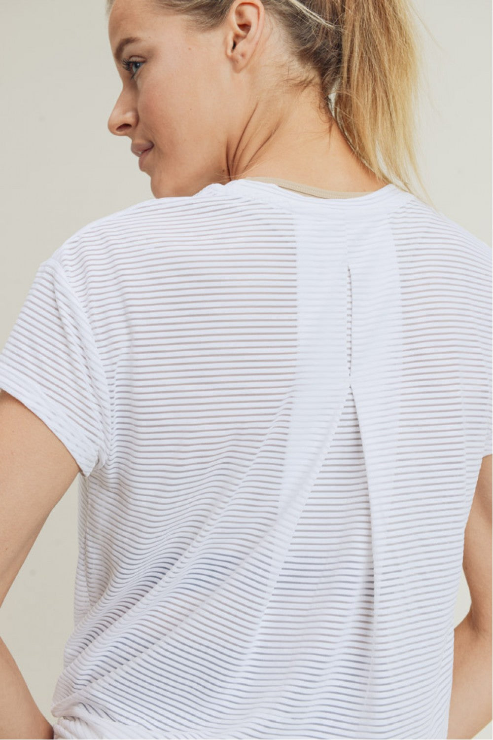Sheer Striped Mesh Paneled Back Tee no