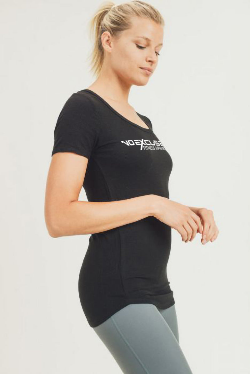 NO EXCUSE FITNESS APPAREL Scoop-Neck Ribbed Tee with Curved Hem