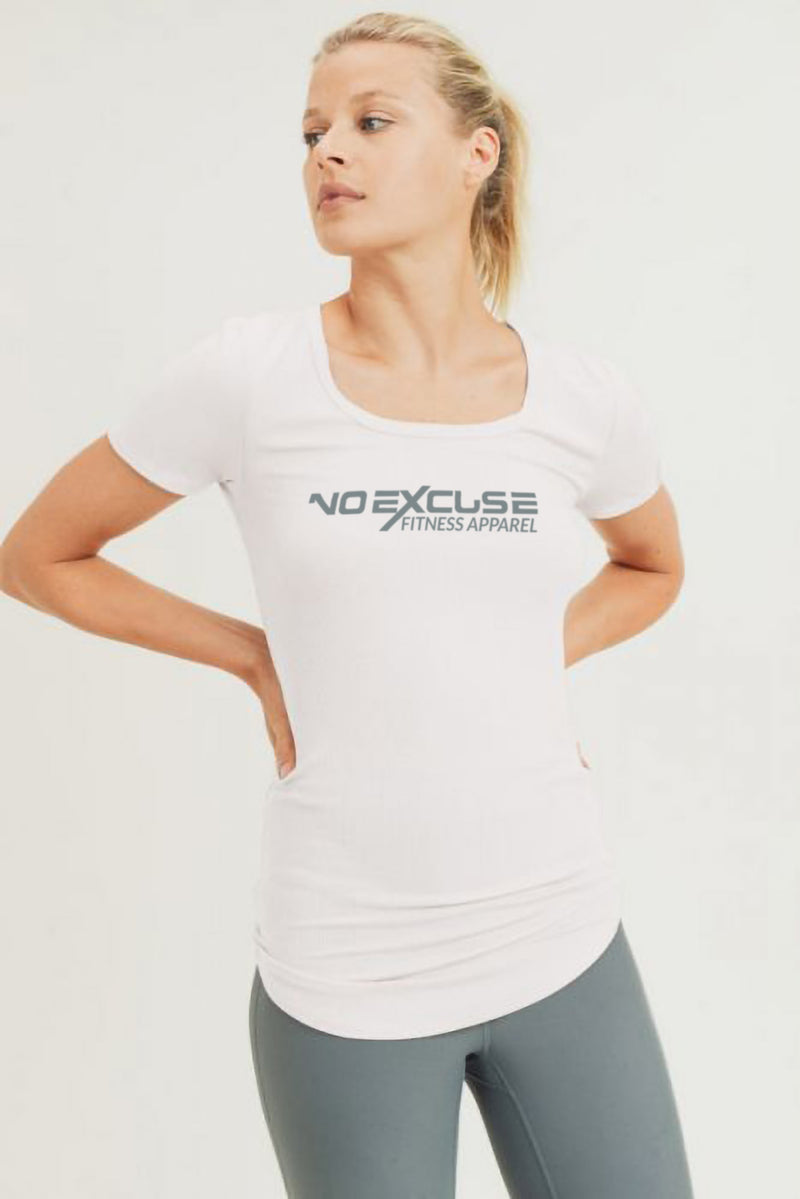 NO EXCUSE FITNESS APPAREL Scoop-Neck Ribbed Tee with Curved Hem