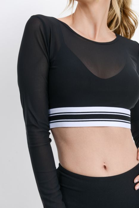 Long Sleeve Mesh Crop Top with Striped Band